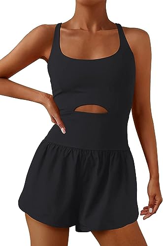 Womens Workout Athletic Romper Padded Bras One Piece Exercise Jumpsuit Gym Clothes With Back Zipper Pocket