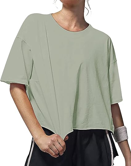 Women’s Oversize Workout Crop Tops Casual Short Sleeve Drop Shoulder Boxy T-Shirts Roll Hem Basic Loose Yoga Running Tees