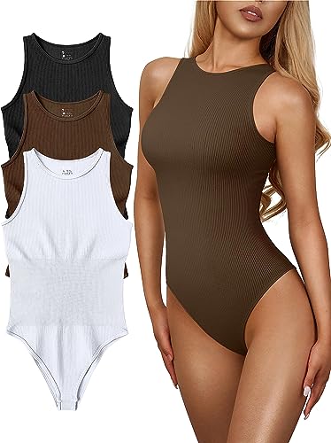 Women’s 3 Piece Bodysuits Sexy Ribbed One Piece Sleeveless Halter Neck Bodysuits